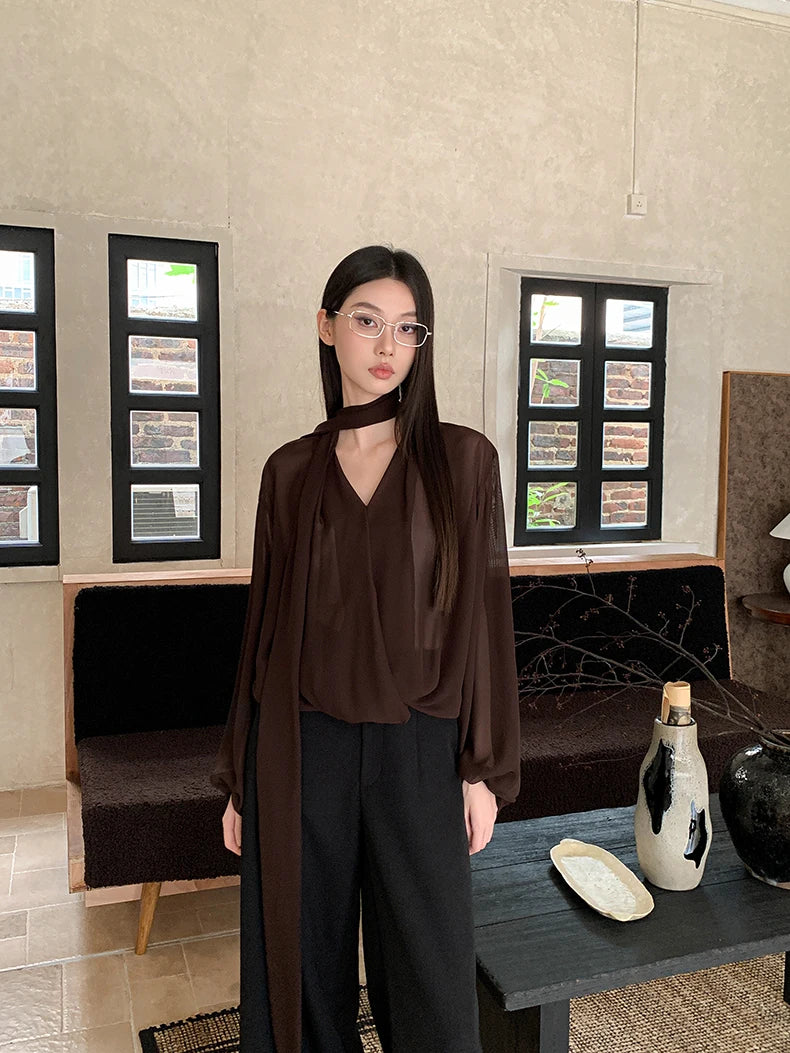 Y2K Chiffon V-Neck Ribbon Blouse