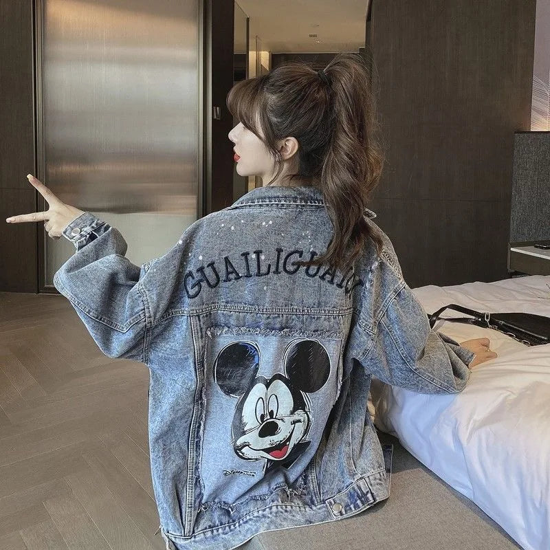 Jeansjacke mit Mickey-Motiv und Cartoon-Stickerei