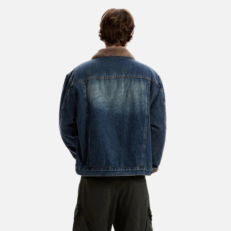 Veste en jean à col en fourrure brossée, style résistant