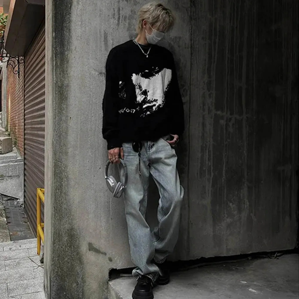 Pull jacquard à manches longues style streetwear gothique