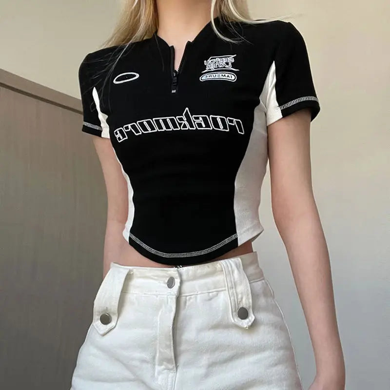 Damen Y2K Moto Biker Style Slim T-Shirt