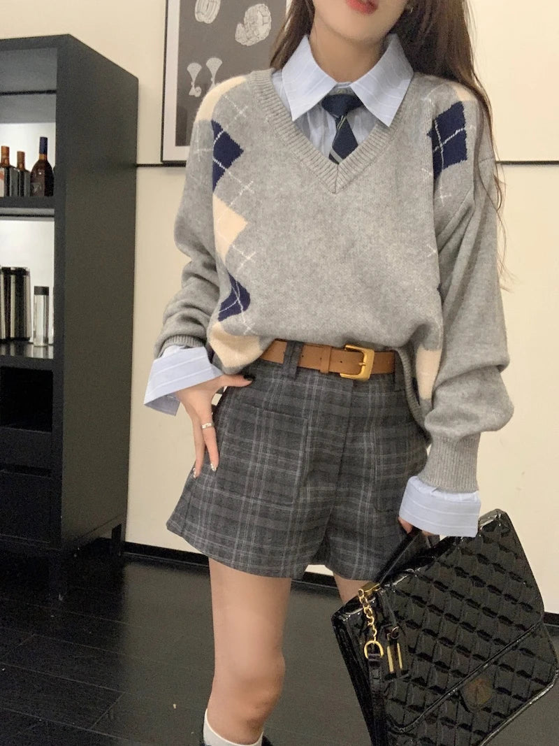 Pull oversize gris vintage à losanges pour femme