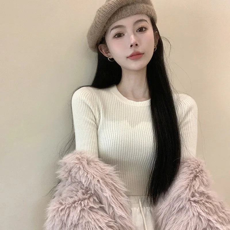 Langärmliger, gerippter Crop-Pullover