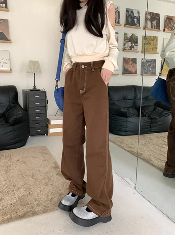 Jean droit taille haute marron à cœur