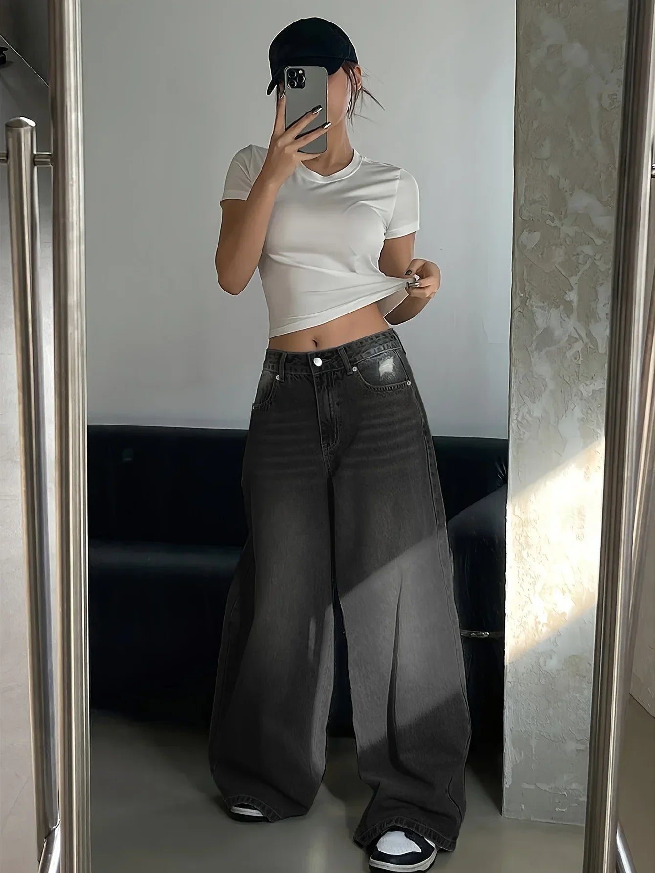 Elegante High-Waist-Jeans mit weitem Bein