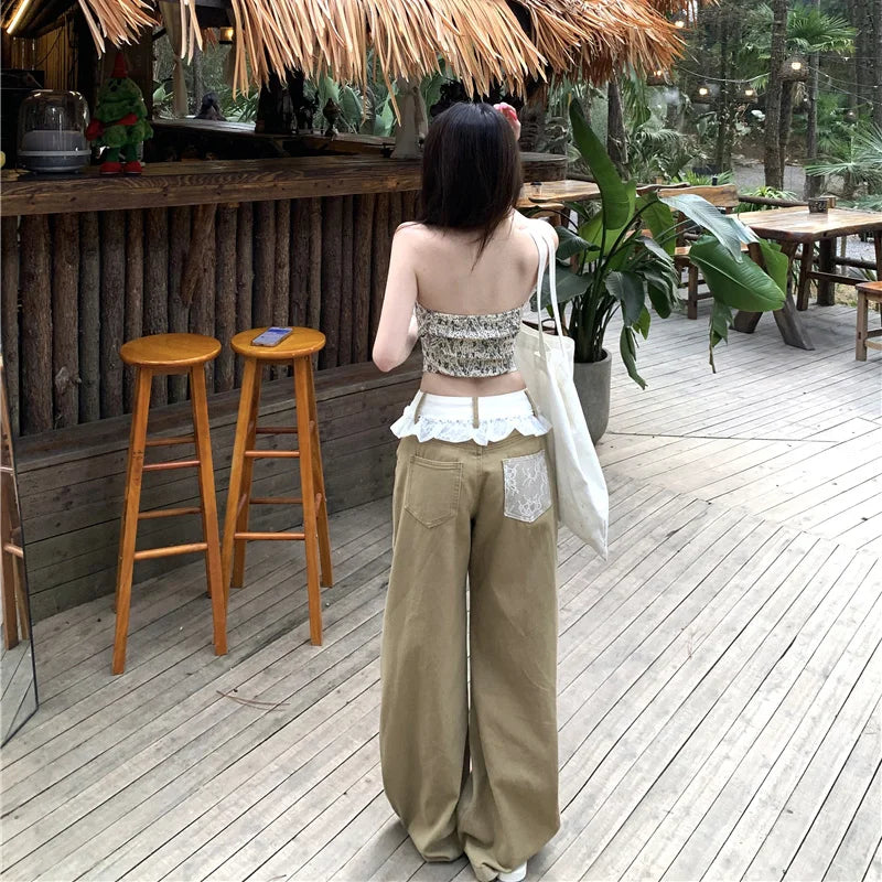Bequeme, weite Hose mit Vintage-Spitzenrüschen