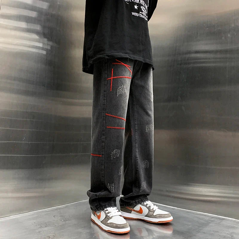 Baggy Straight Vintage bestickte weite Jeans