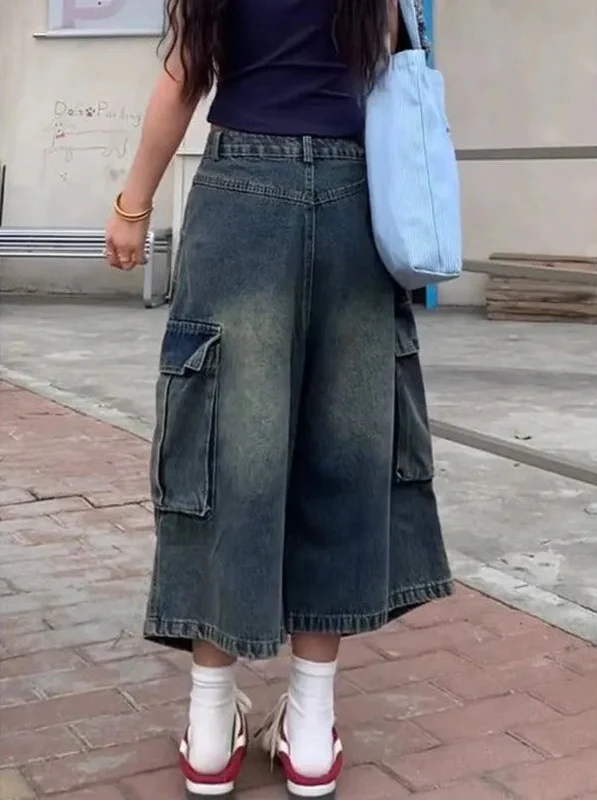 Streetwear Komfort Vintage Blau Verwaschene High Waist Jorts
