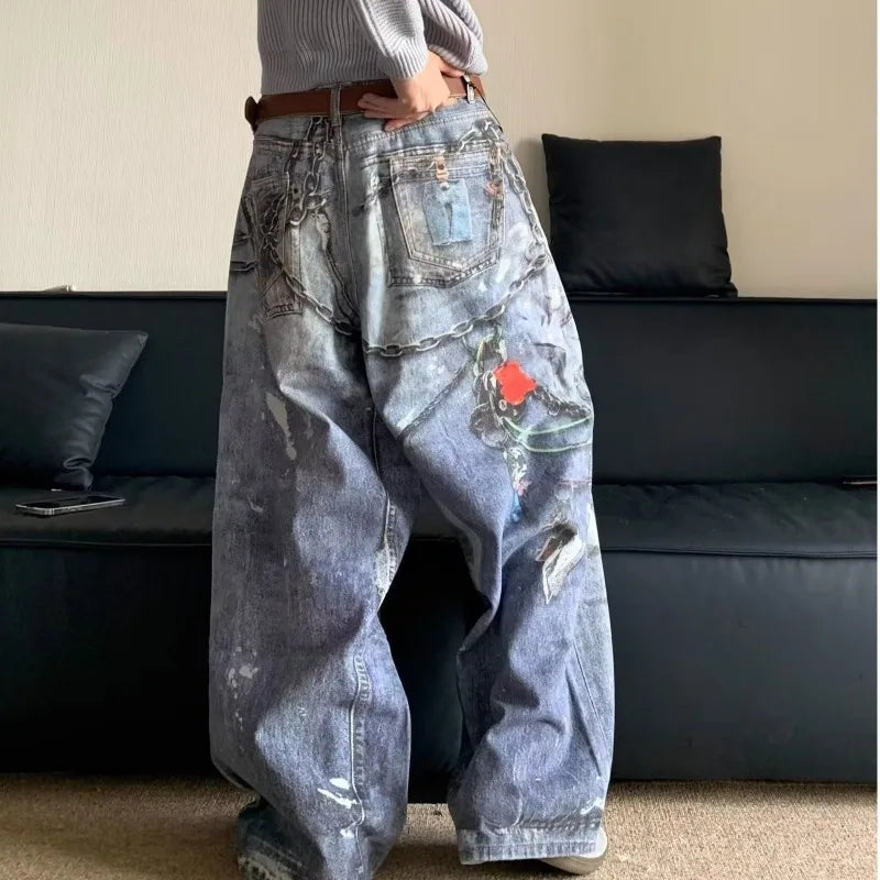 Retro Streetwear Jeans im amerikanischen Stil mit Baggy-Ketten