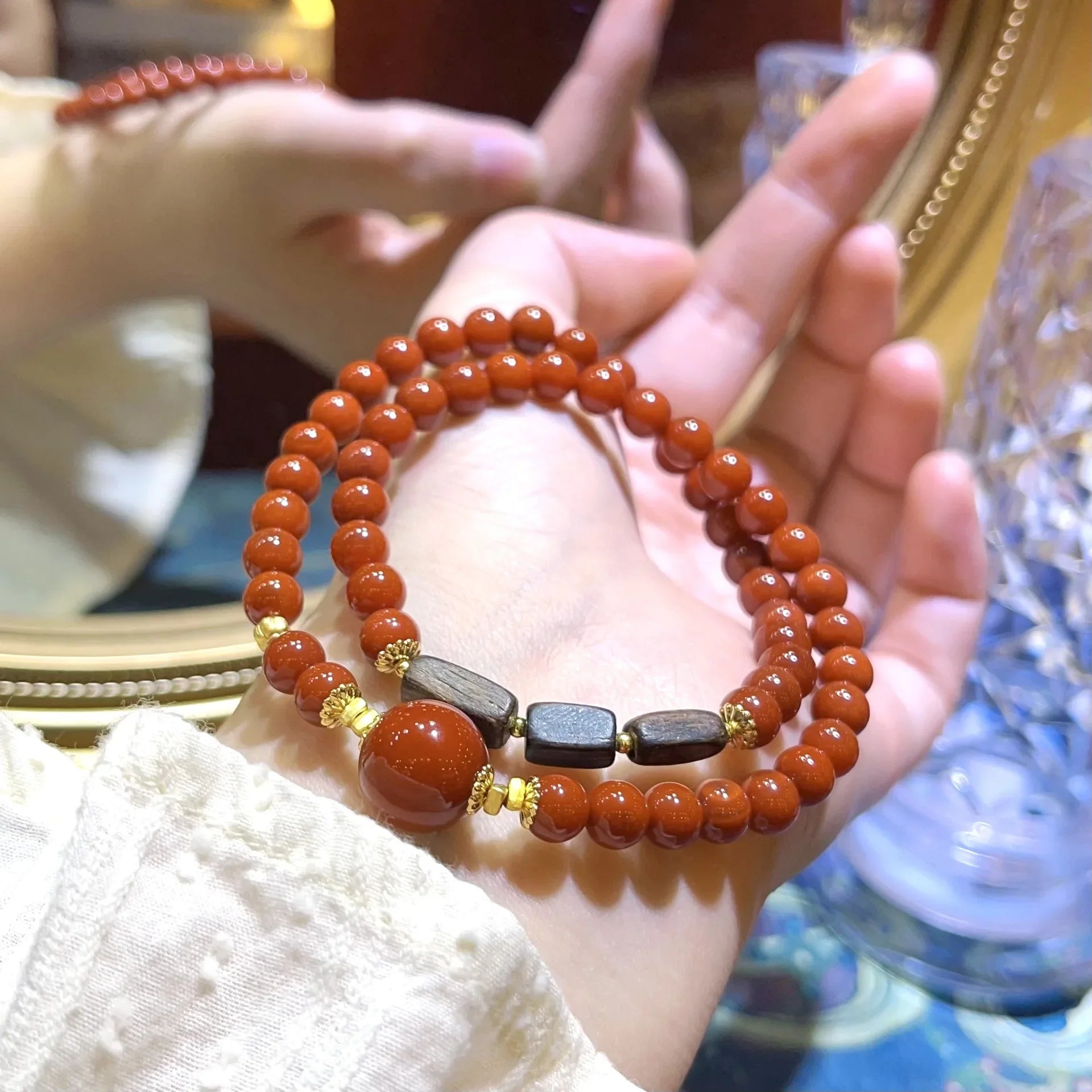 Bracelet double cercle en agate rouge éclatante