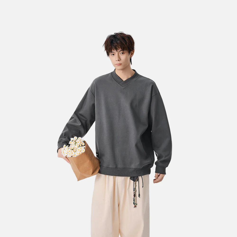 Minimalistisches Sweatshirt mit V-Ausschnitt und Label-Detail