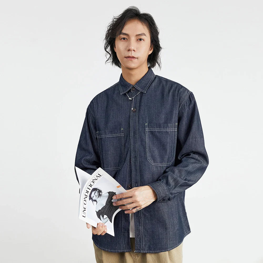 Chemise longue en denim américain rétro décontractée pour homme