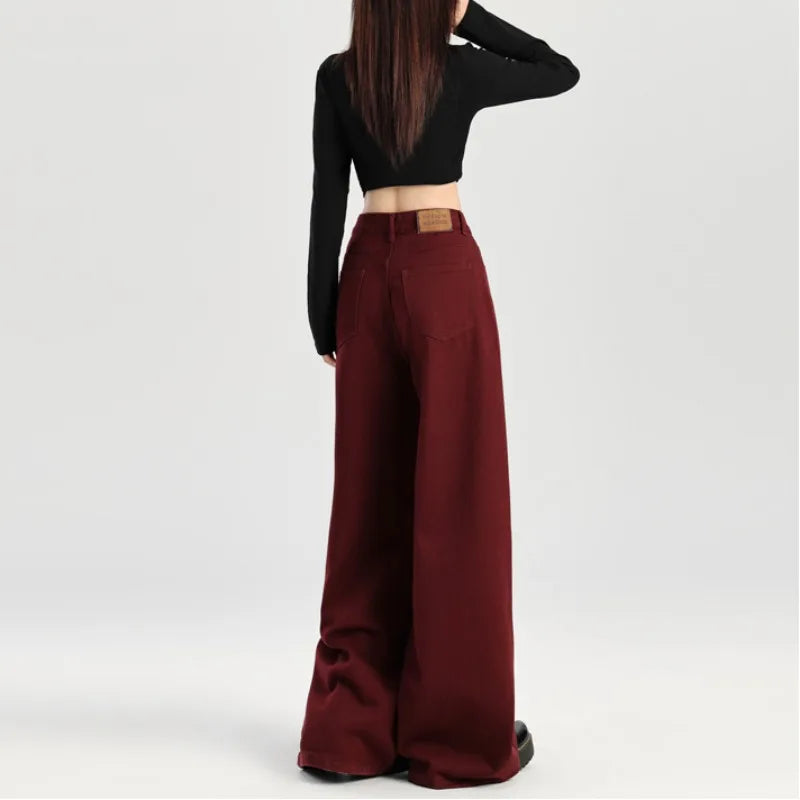 Jean en denim rouge taille haute style rétro ample emo