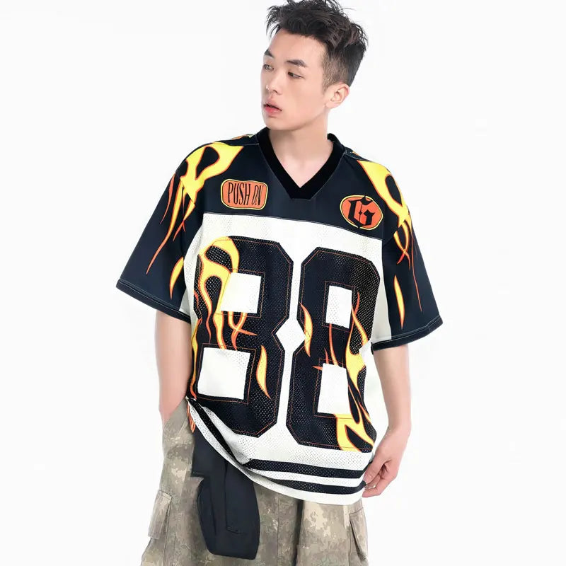 Streetwear Flame Graphic Mesh Jersey Sport T-Shirt
