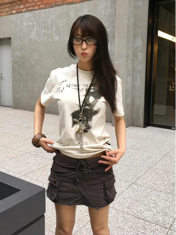 Women Retro Vintage Letter Print Slim Fit T-Shirt