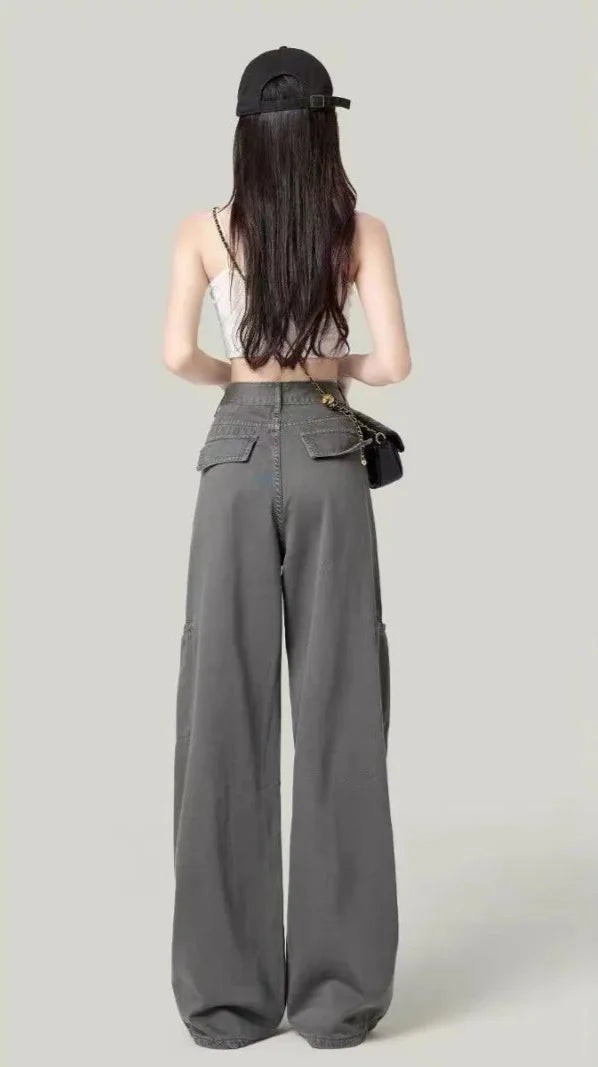 Easy Move High Waist Loose Gray Cargo Pants