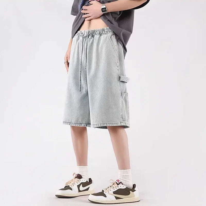 Short en jean bleu ample taille haute