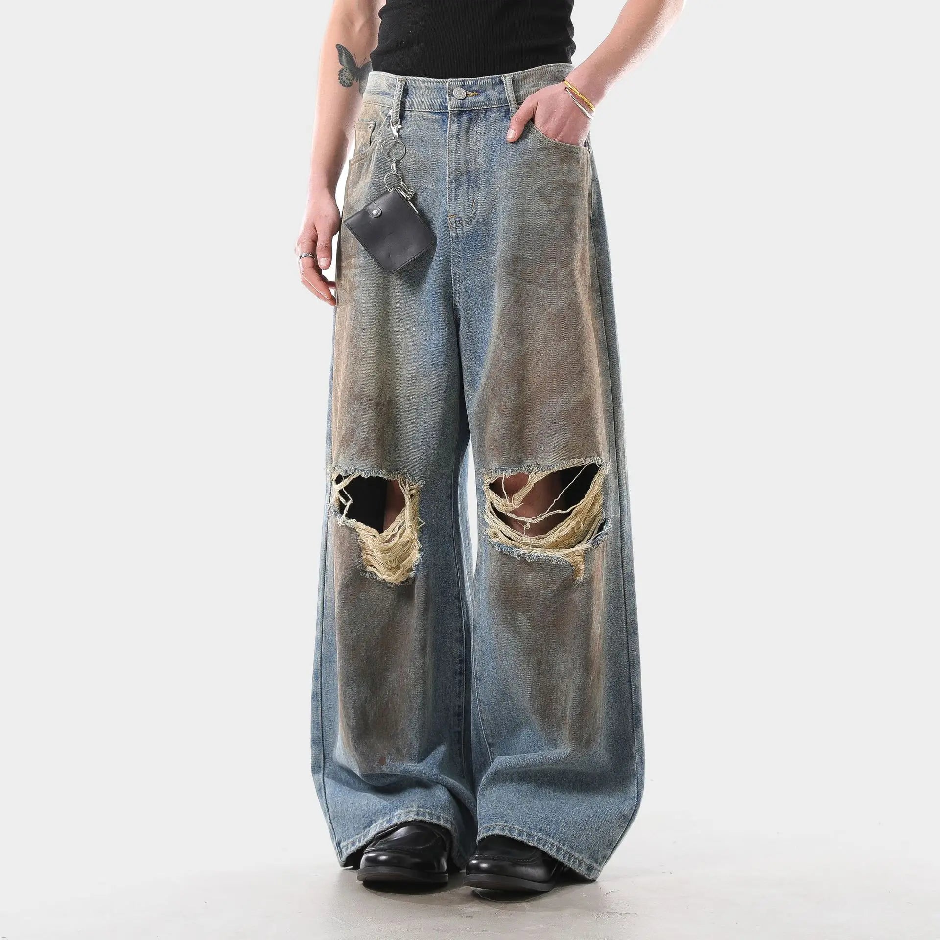 Vintage-Jeans mit Used-Look, weitem Bein