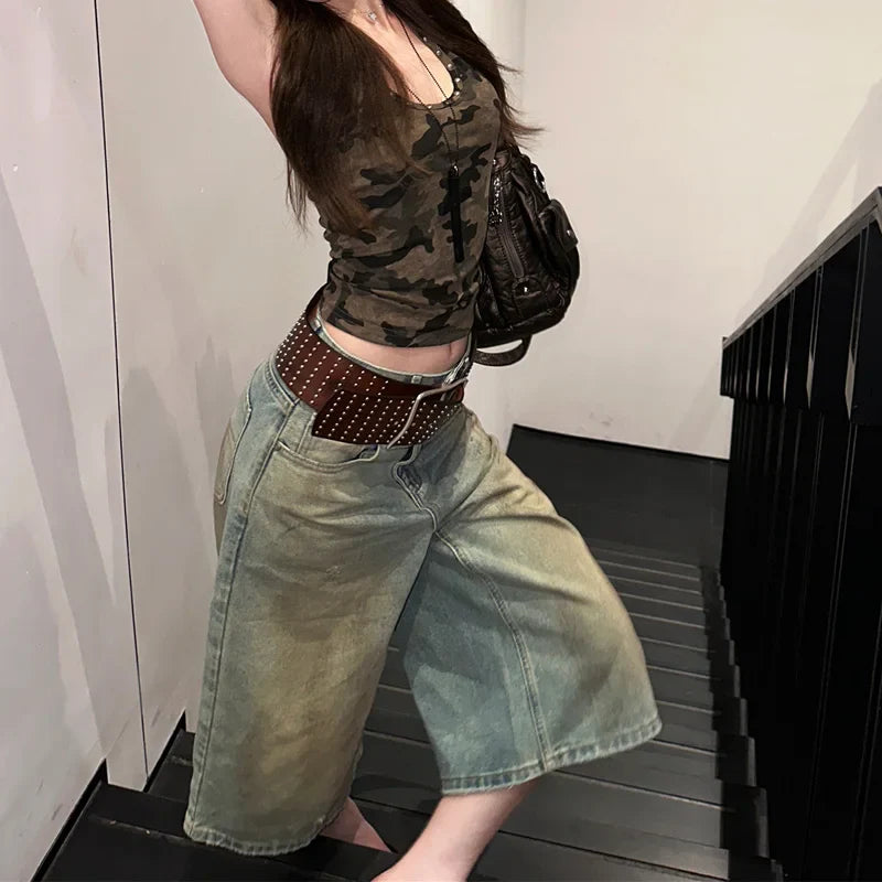 Retro-Jeansshorts mit hohem Bund aus gewaschenem Denim