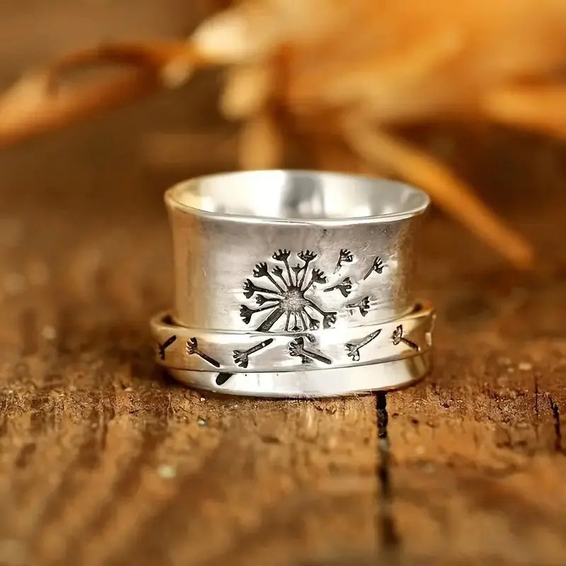 Handgefertigter Vintage-Ring in Silberfarbe mit Löwenzahnmotiv