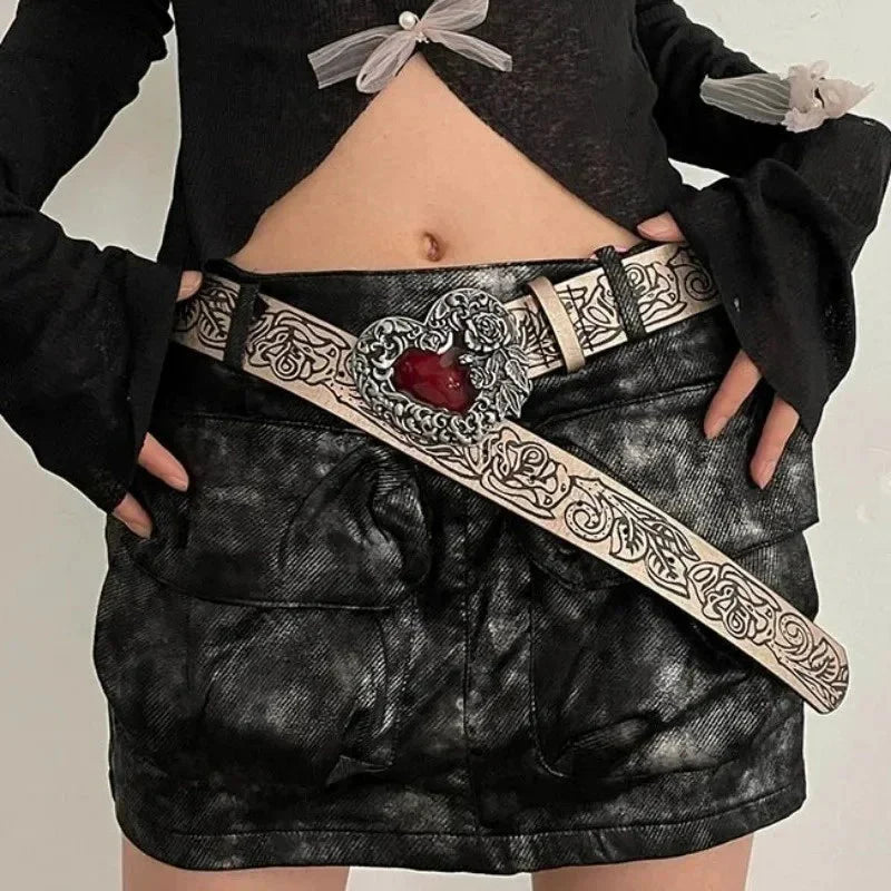 Red Metal Heart Buckle Gothic Belt