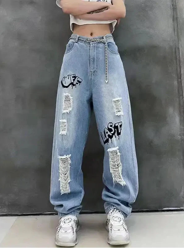 Damen High Waist Graffiti Wide Leg Jeans