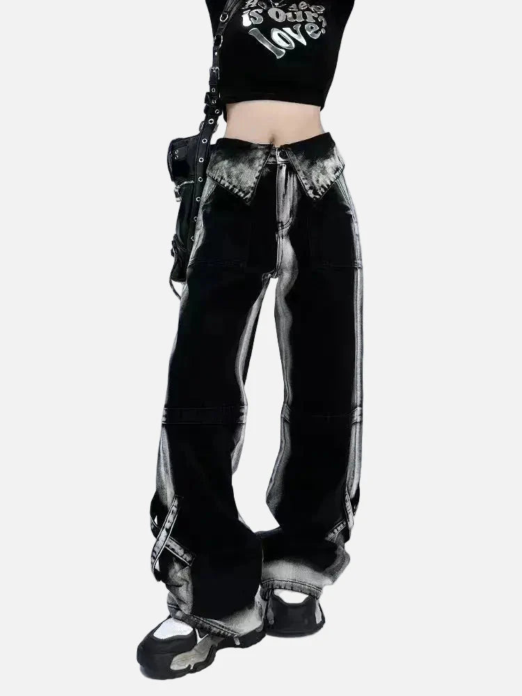 Y2K High Waist Kontrastfarben Weite Bein Jeans