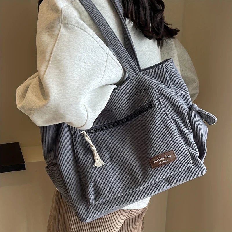 Sac cabas rétro en velours côtelé à poches multiples