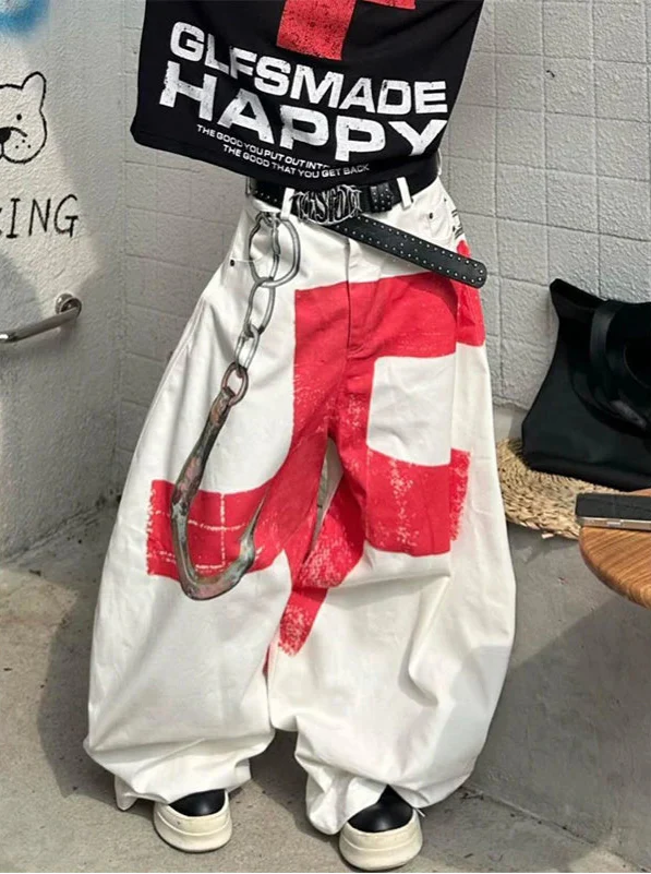 Y2K Vintage Weiße Jeans im japanischen Stil mit weitem Bein