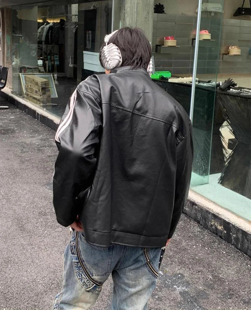 Gestreifte Freizeitjacke aus PU-Leder im koreanischen Stil