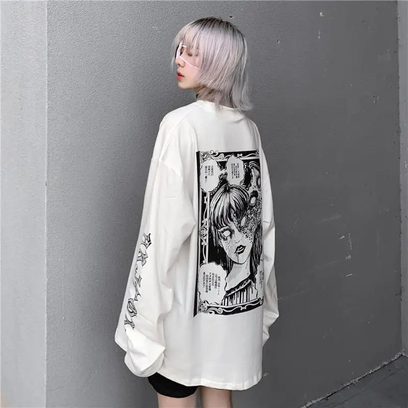 T-shirt à manches longues oversize style coréen imprimé anime