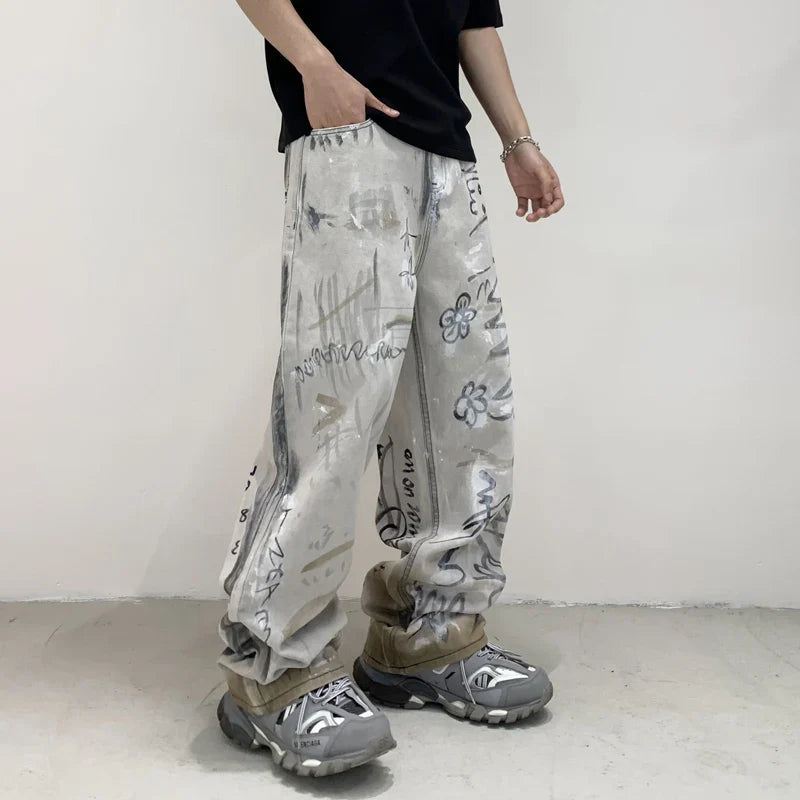 Jeans mit Graffiti-Print, lockerer Schnitt, weit geschnitten
