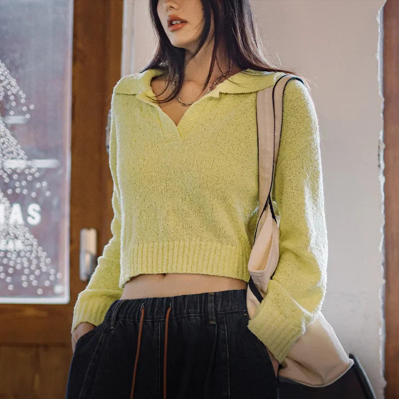Pull court en maille côtelée jaune
