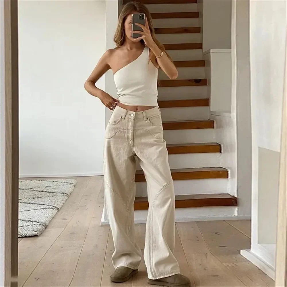 Vintage Beige Baggy High Waist Jeans