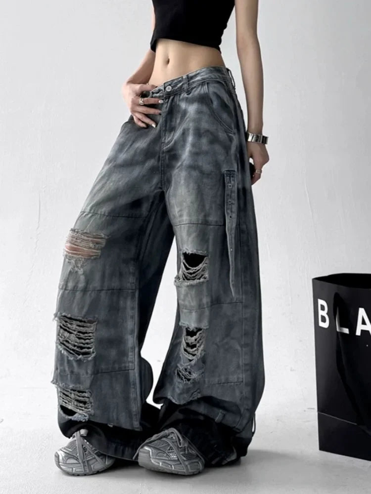 Cyber Grunge Washed White Baggy Jeans