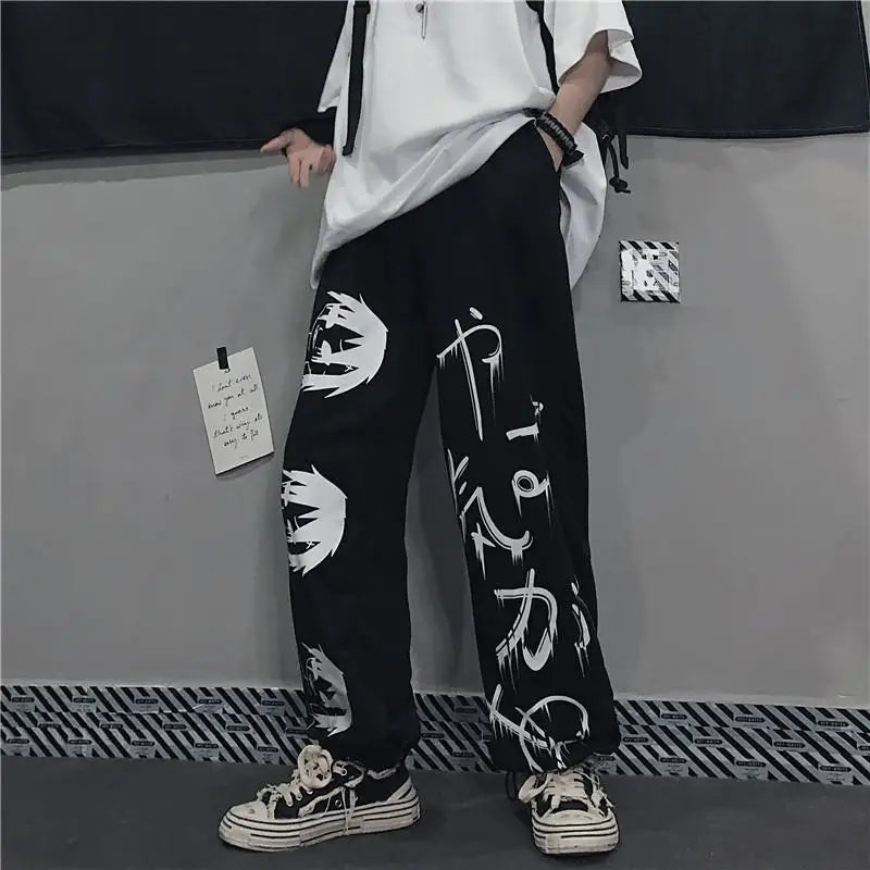 Schwarze Hose mit japanischem Anime-Print (Y2K)