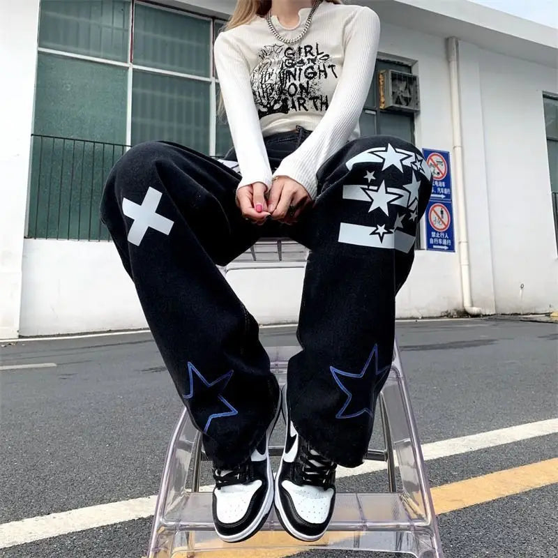 Streetwear Schwarze High Jeans mit Sternenprint