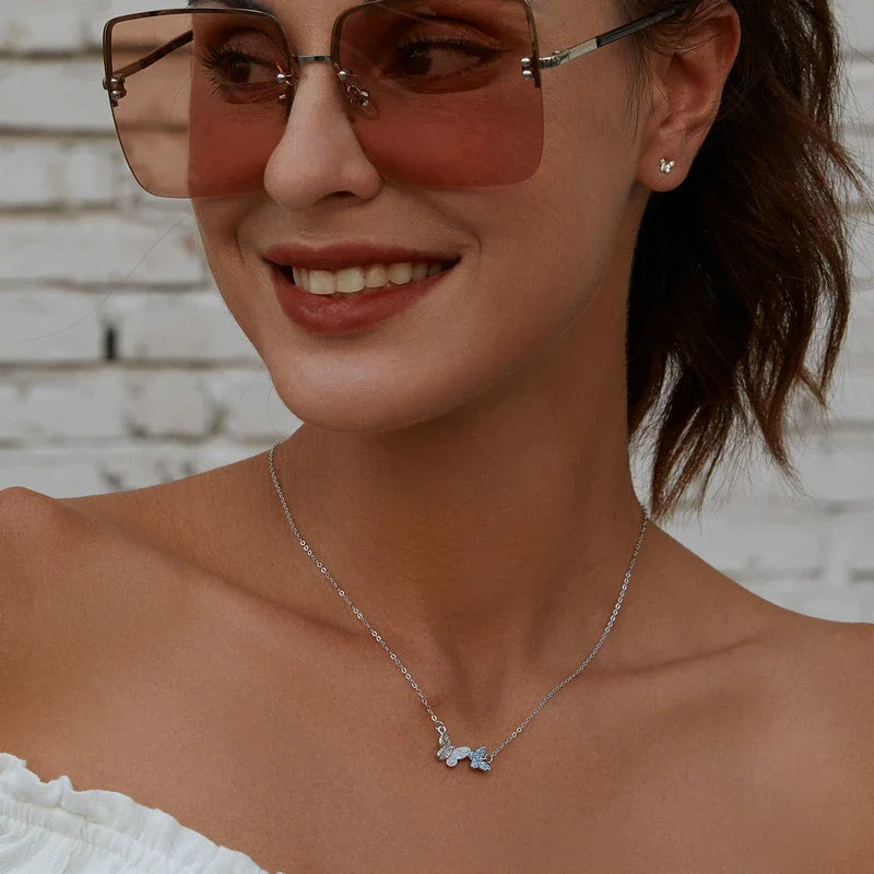 Women Cool Blue Zircon Flying Butterfly Necklace