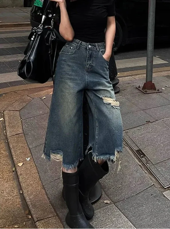 Damen Retro Used High-Waist Vintage Denim Jorts