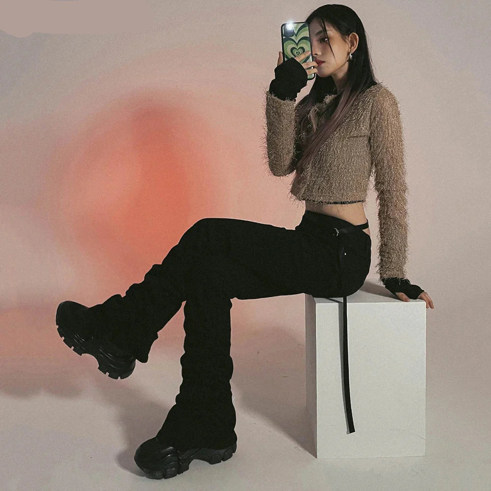 Jean noir slim taille haute évasé