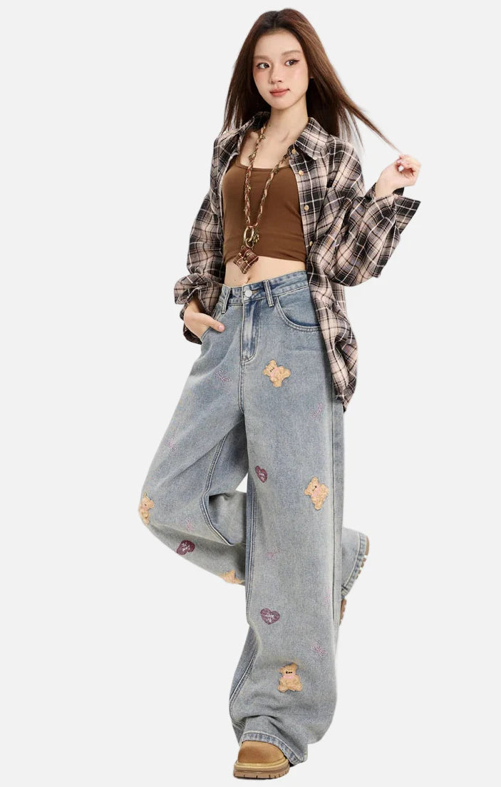 Retro Loose Denim Jeans mit besticktem Bärenmuster