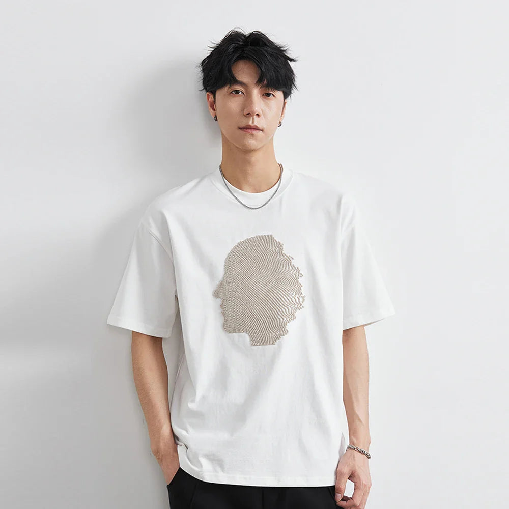 Besticktes, schweres Baumwoll-Freizeit-T-Shirt mit kurzen Ärmeln