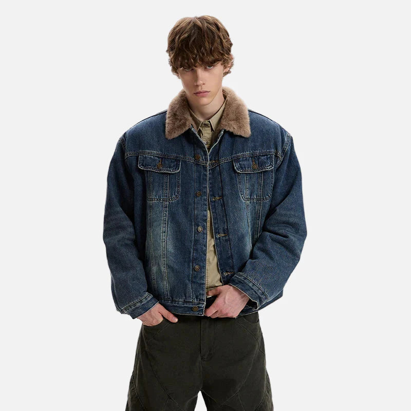 Veste en jean à col en fourrure brossée, style résistant