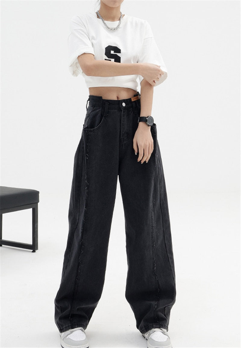 Pantalon en jean noir ample taille haute pour femme