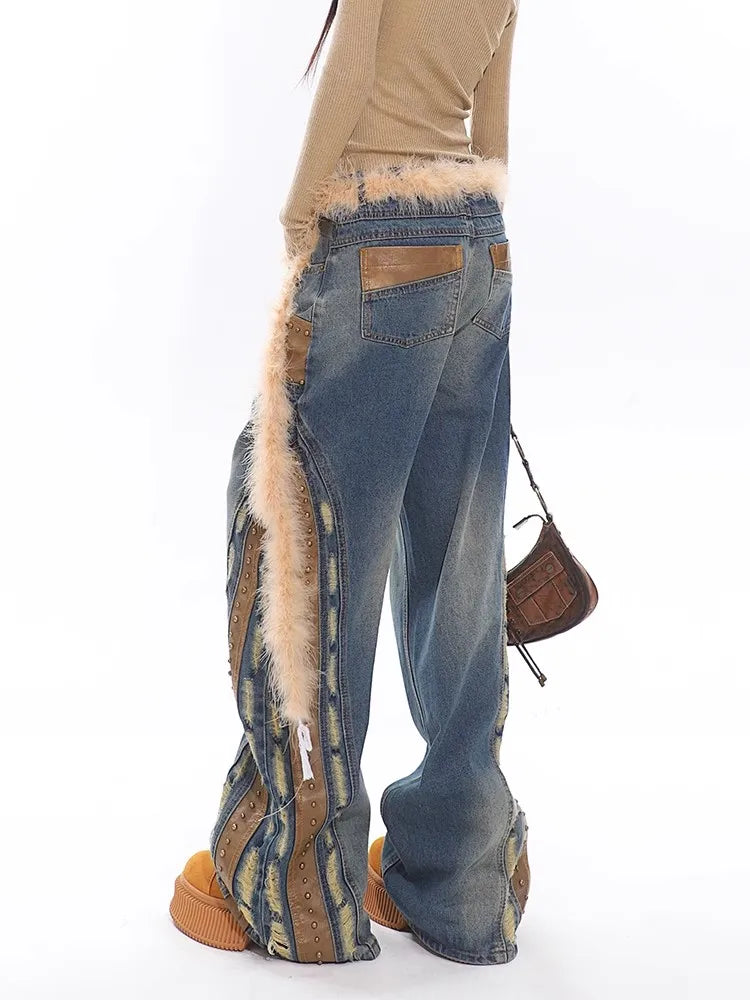 Retro-Patchwork-Jeans aus Leder mit Nieten im Used-Look