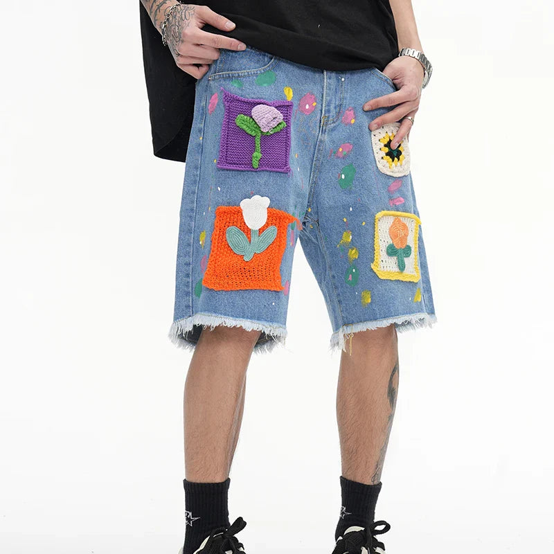 Jeansshorts mit Vintage-Blumenmuster