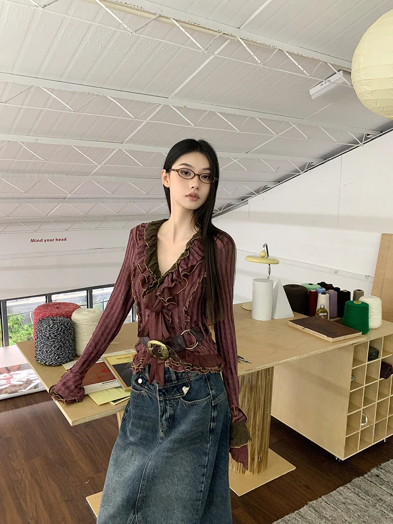 Y2K Striped Knitted Ruffle Blouse