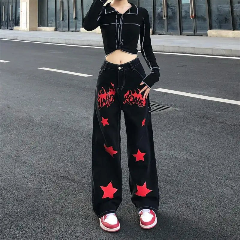 Jeans vintage hip-hop à étoiles rouges peintes