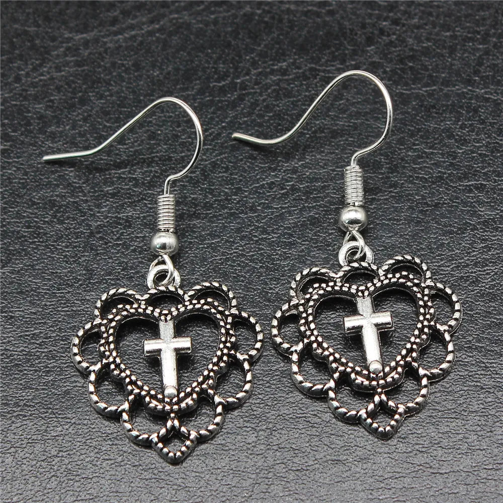 Silver Color Heart Cross Earrings