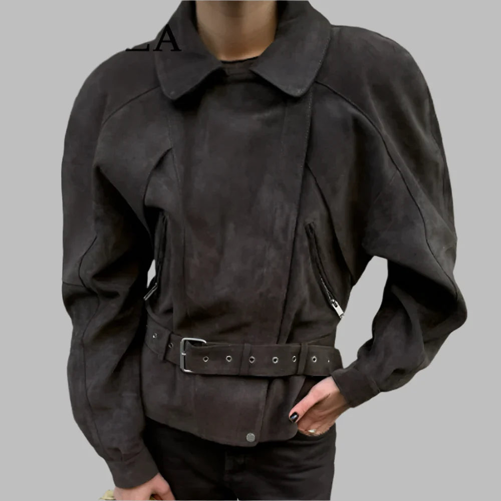 Veste chic à ceinture zippée style motard